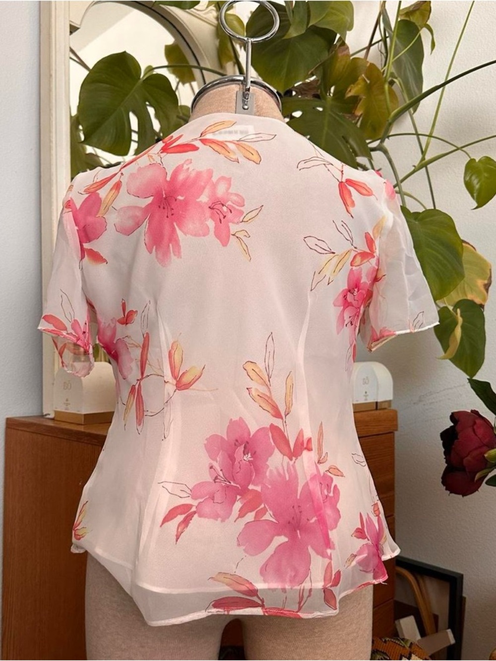 Y2K Sheer White Blouse and skirt set with Pink Floral Print - Picture 4 of 6
